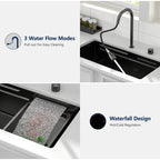 Logmey 33'' Double Step Waterfall Workstation Sink - Undermount Single Bowl with Faucet - Gunmetal Black NANO-PVD Stainless Steel