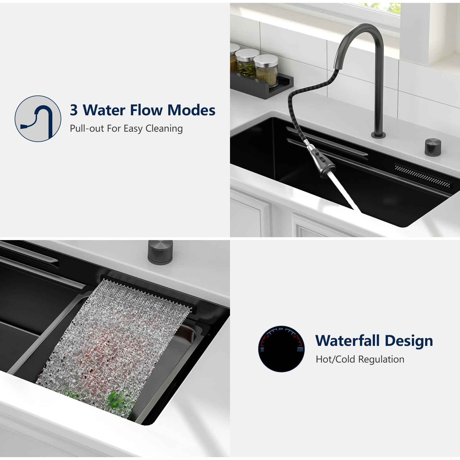 Logmey 33'' Double Step Waterfall Workstation Sink - Undermount Single Bowl with Faucet - Gunmetal Black NANO-PVD Stainless Steel