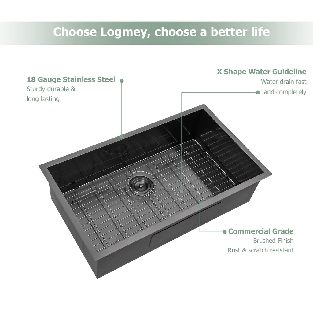 Logmey 30'' Kitchen Sink - Undermount Single Bowl - Gunmetal Black Stainless Steel