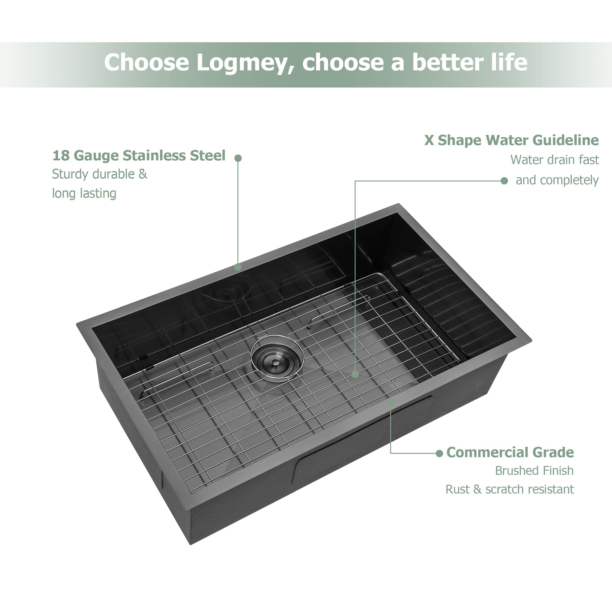 Logmey 30'' Kitchen Sink - Undermount Single Bowl - Gunmetal Black Stainless Steel