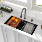 Logmey 33'' Double Step Waterfall Workstation Sink - Undermount Single Bowl with Faucet - Gunmetal Black NANO-PVD Stainless Steel