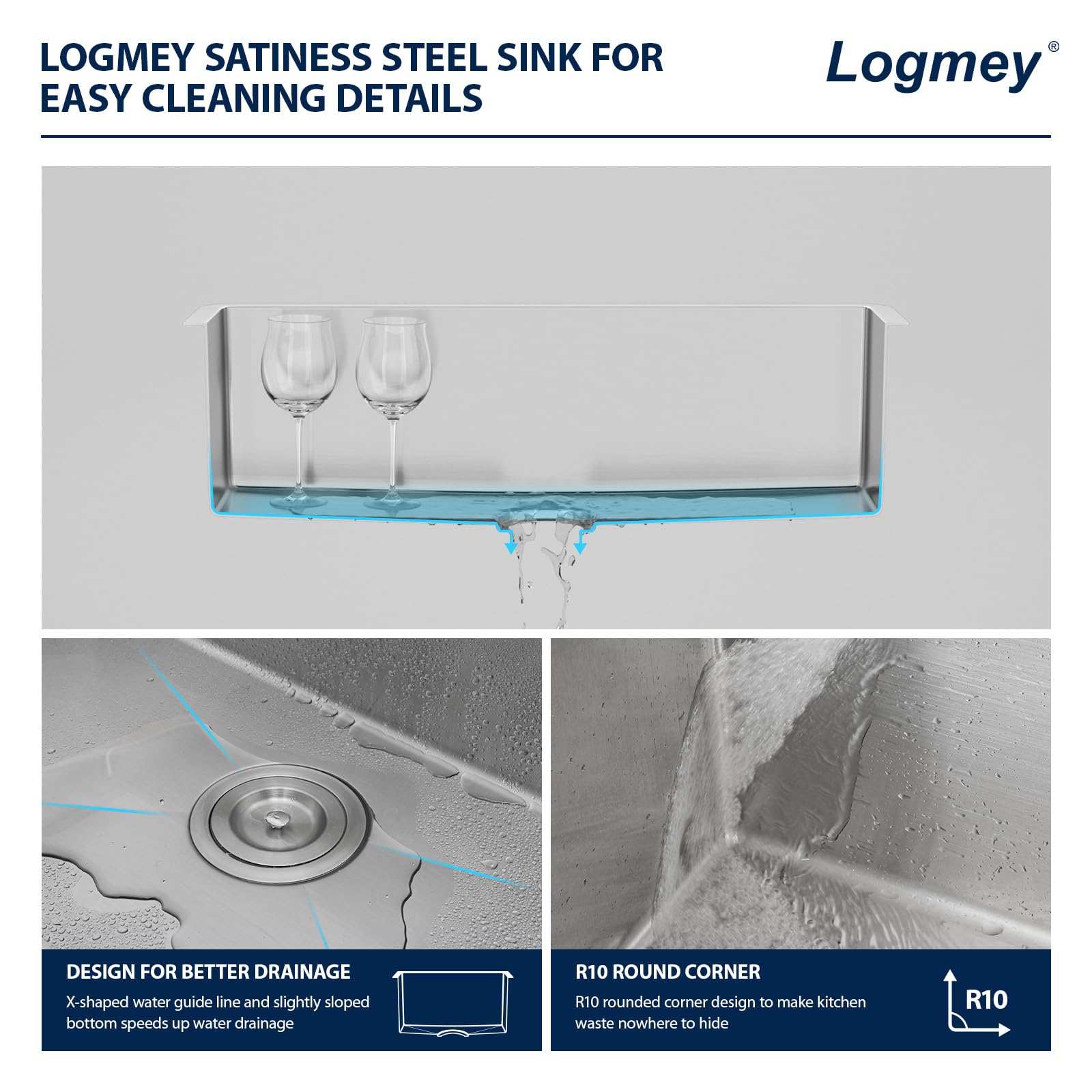 Logmey 30''x18'' Kitchen Sink - Undermount Single Bowl - Silver Stainless Steel