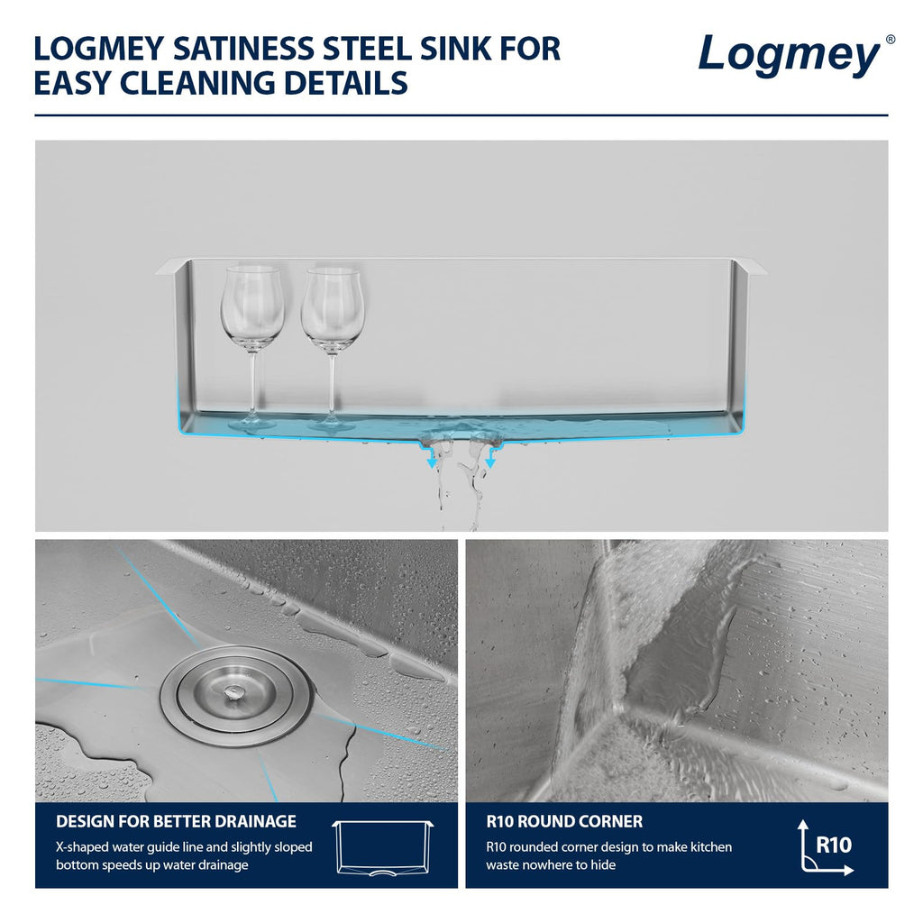 Logmey 30'' Kitchen Sink - Undermount Round Corner Single Bowl - Silver Stainless Steel