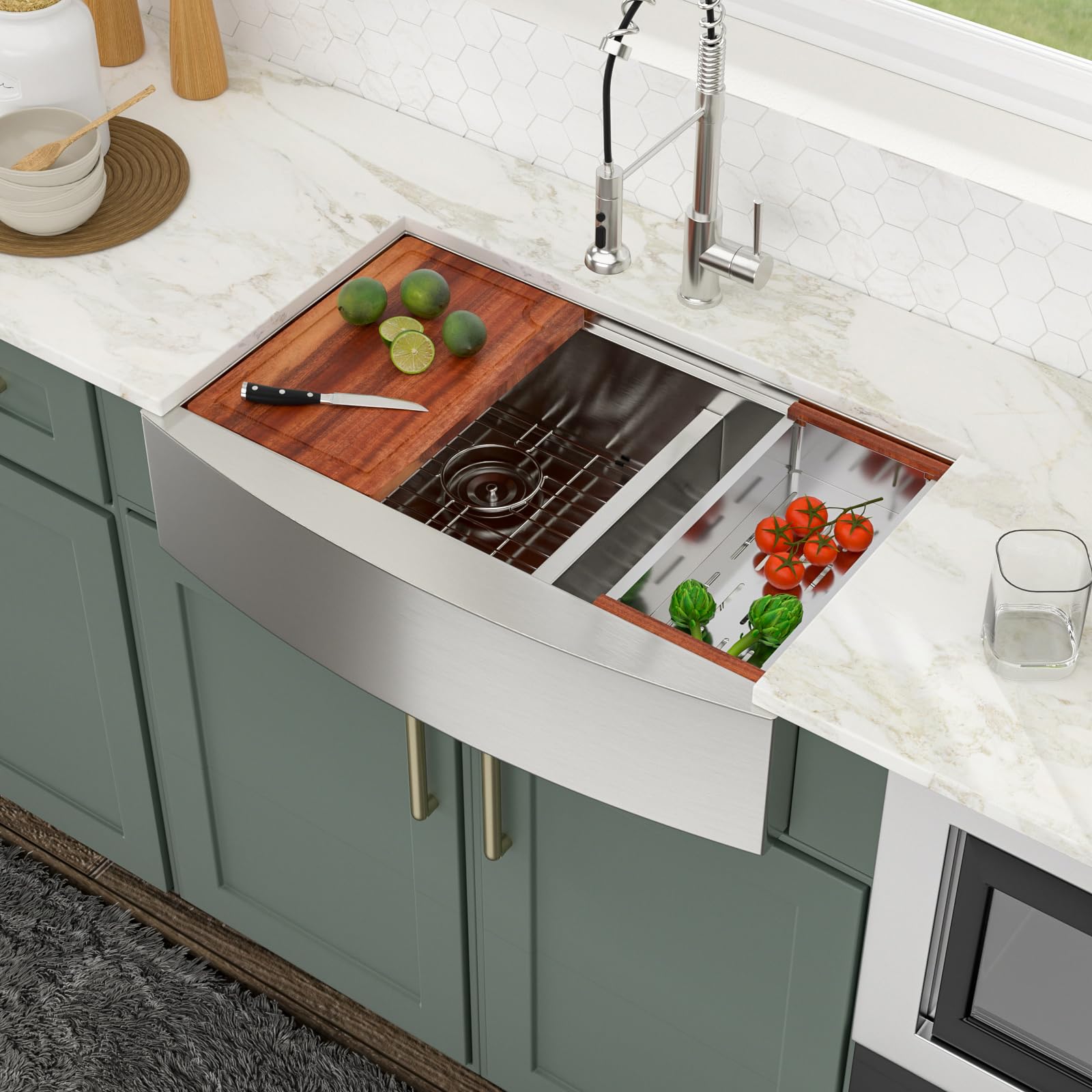 Logmey 33x21 inch Double Bowl Workstation Low Divide Apron Front Stainless Steel Farmhouse Sink