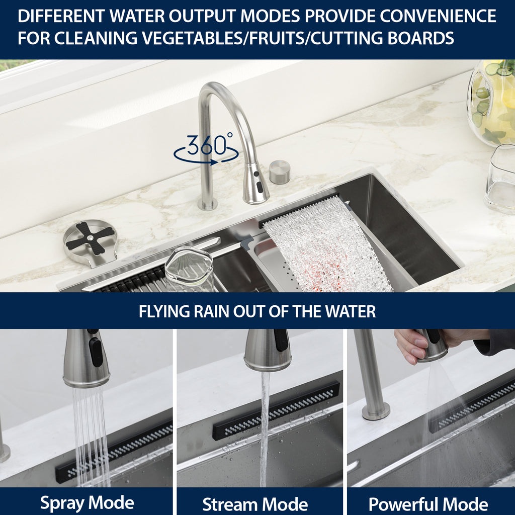 Logmey 33'' Waterfall Kitchen Sink - Undermount Single Bowl with Pull-out Faucet & Control Knob - Silver Stainless Steel