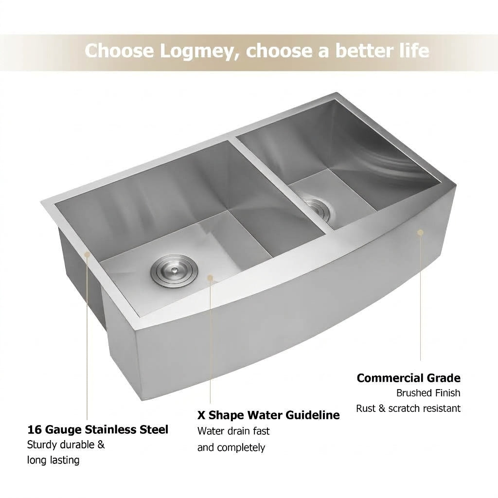 Logmey 36''x 20'' Apron Front Farmhouse Double Bowl Kitchen Sink