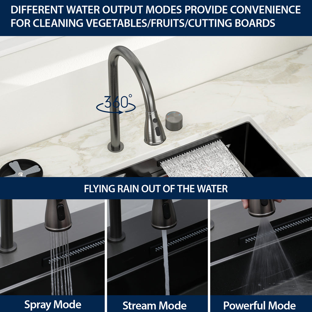 Logmey 33'' Double Step Waterfall Workstation Sink - Undermount Single Bowl with Faucet - Gunmetal Black  Stainless Steel