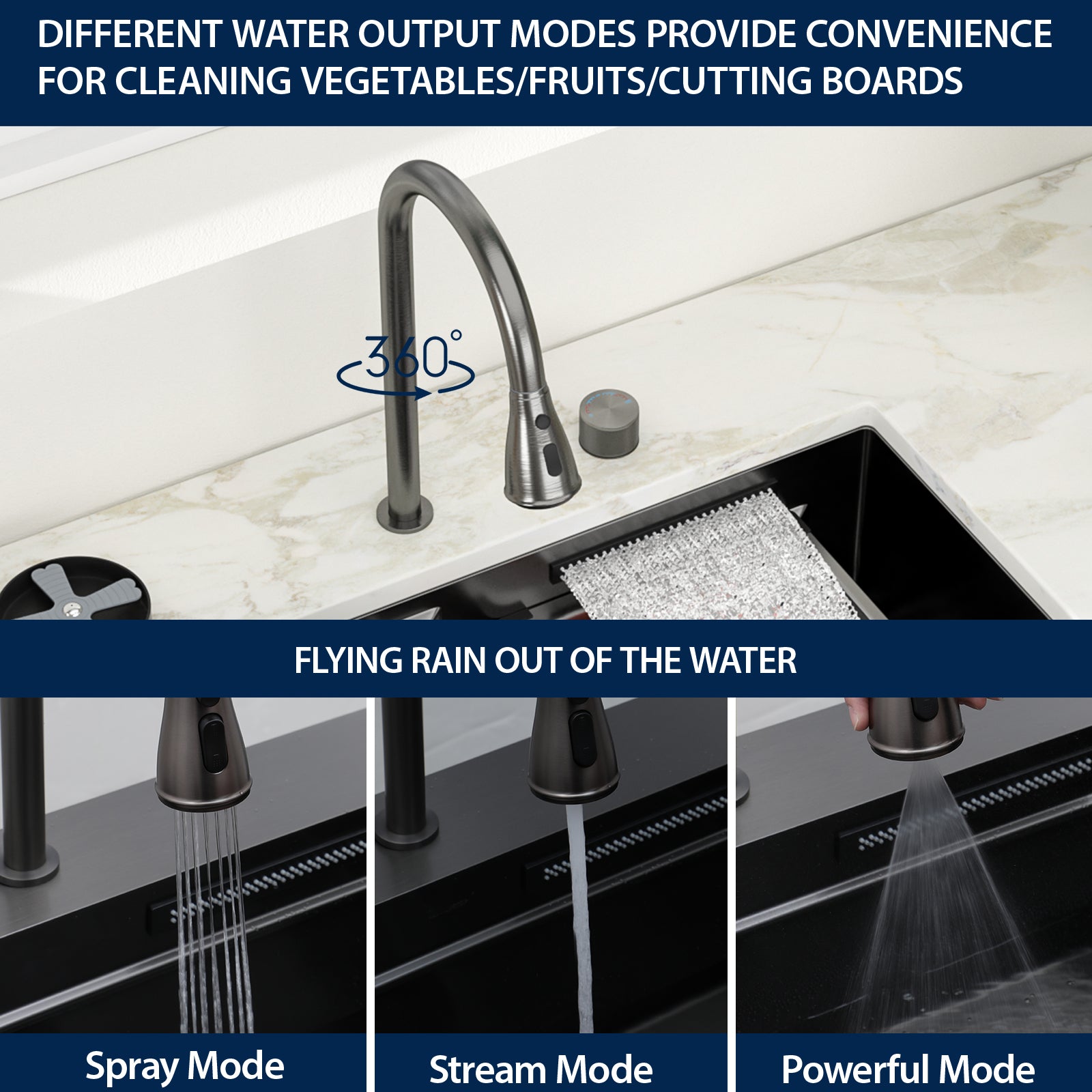 Logmey 33'' Double Step Waterfall Workstation Sink - Undermount Single Bowl with Faucet - Gunmetal Black  Stainless Steel