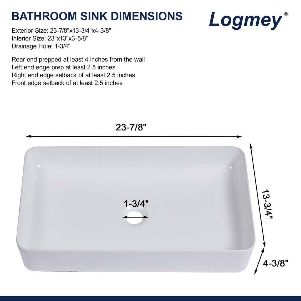 Logmey 24'' x 14''Rectangular Bathroom Vessel Sink - White Ceramic Above-Counter Vanity Art Basin