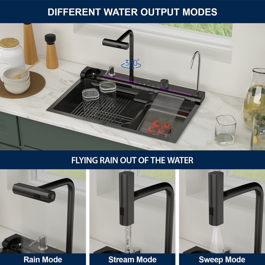 Logmey 30 Inch Drop In Smart Waterfall Kitchen Sink with Digital Temperature Display Brushed Black Topmount Workstation Sink with Flying Rain Faucet