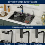 Logmey 30 Inch Drop In Smart Waterfall Kitchen Sink with Digital Temperature Display Brushed Black Topmount Workstation Sink with Flying Rain Faucet
