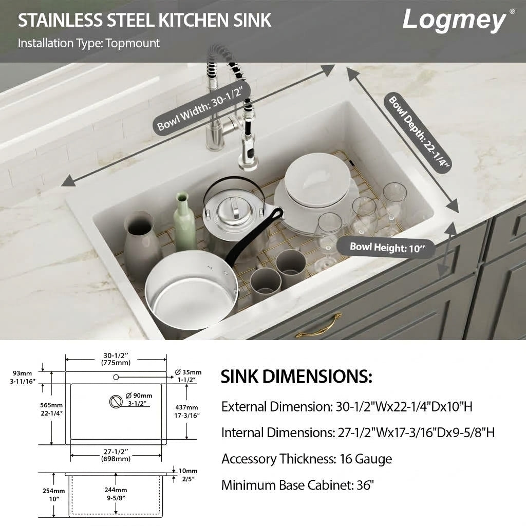 Logmey 31 Inch White Fireclay Drop-In Kitchen Sink