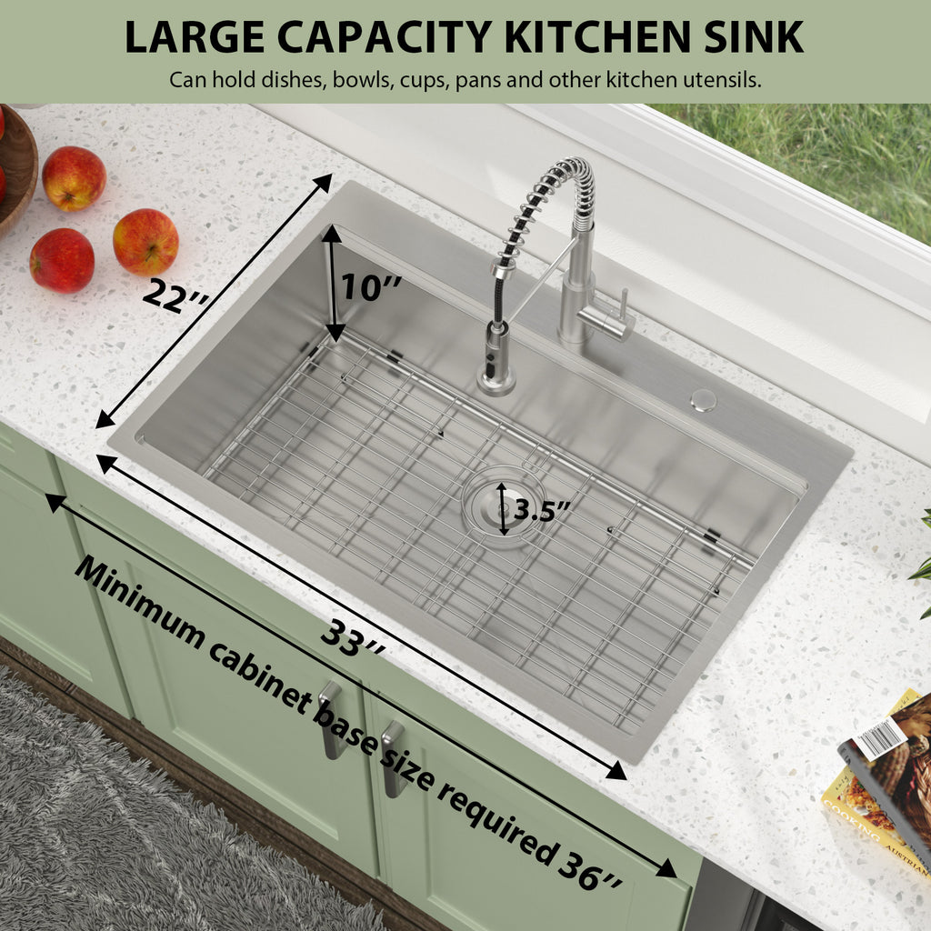 Logmey 33'' x 22'' Drop-In Workstation Kitchen Sink - 16 Gauge SUS304 Stainless Steel Single Bowl Topmount Basin with Accessories