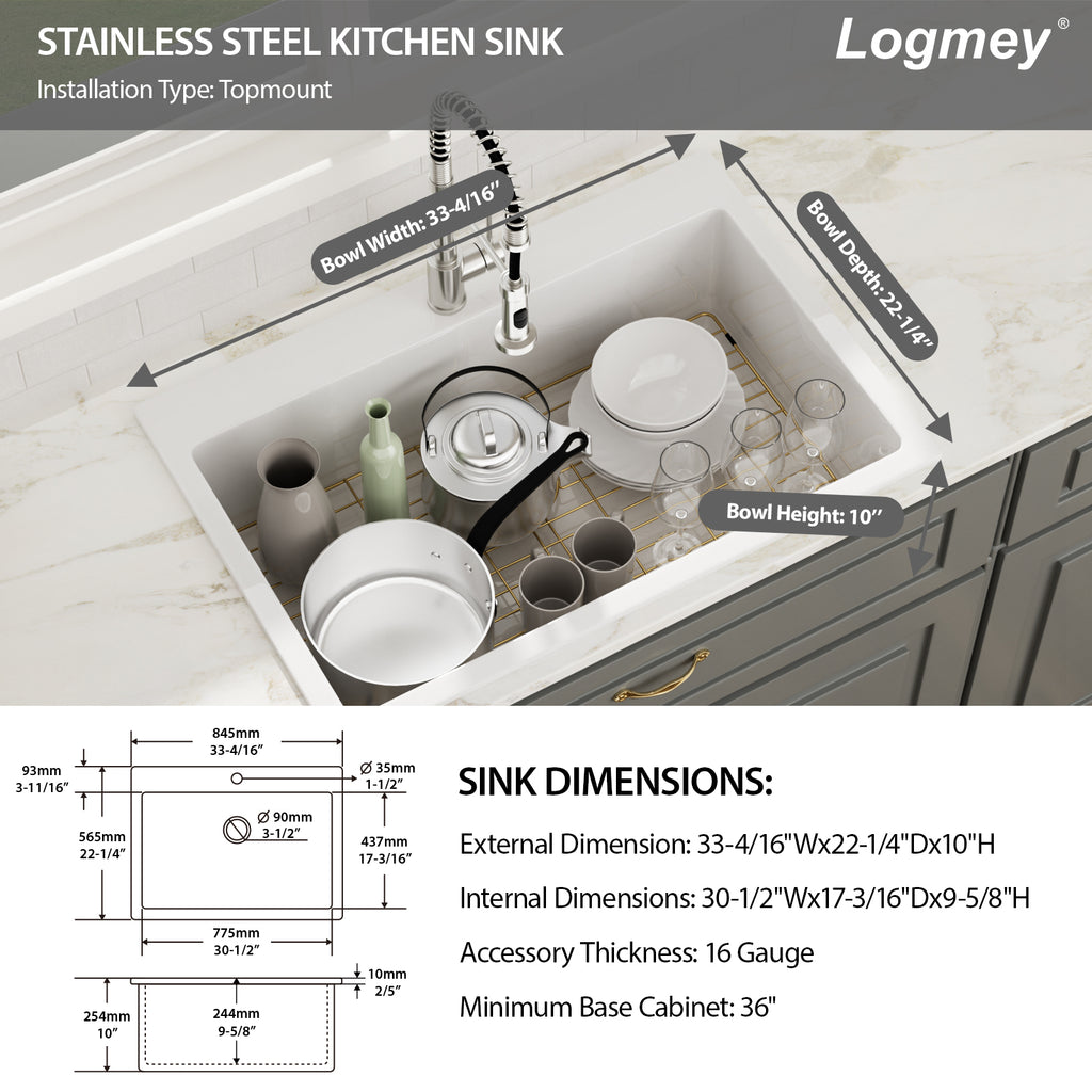 Logmey 33''x 22'' Drop-In Fireclay Kitchen Sink