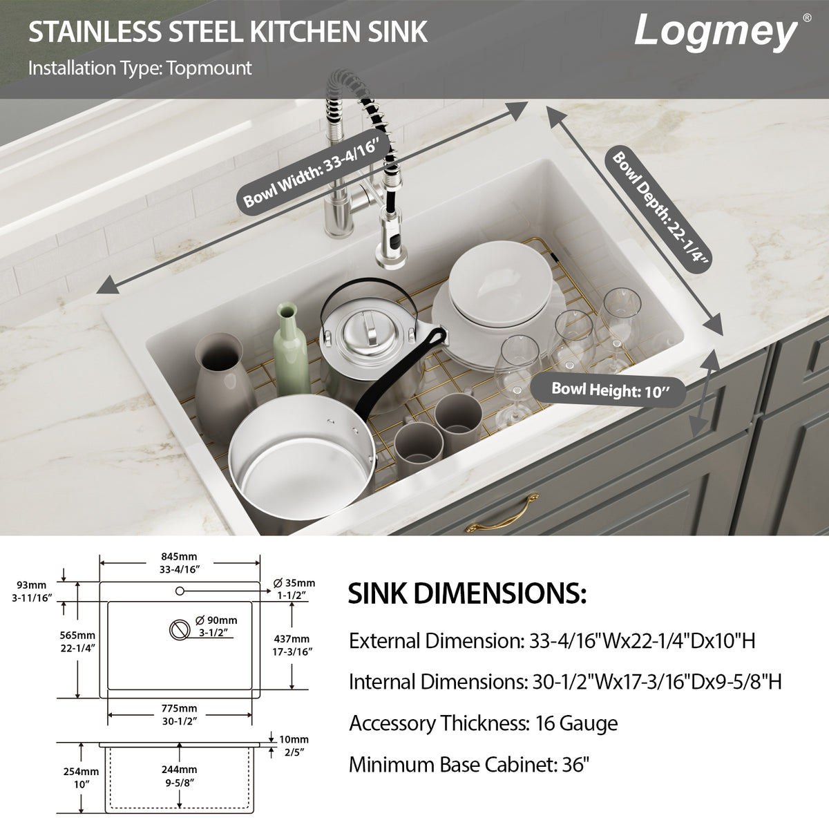 Logmey 33''x 22'' Drop-In Fireclay Kitchen Sink