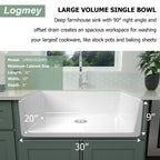 Logmey 30'' Farmhouse Sink - Apron Front Single Bowl - White Fireclay Ceramic
