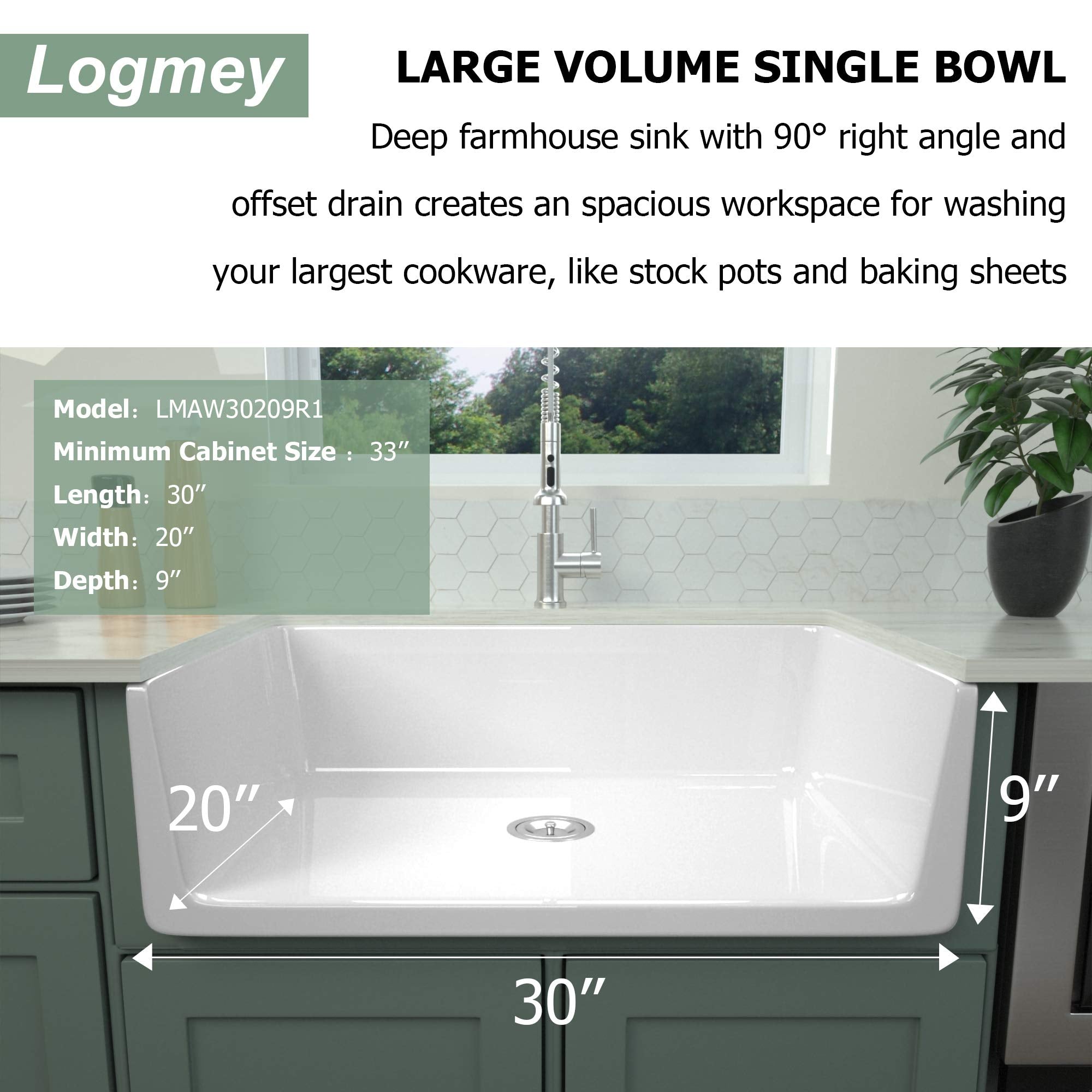 Logmey 30'' Farmhouse Sink - Apron Front Single Bowl - White Fireclay Ceramic