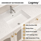 Logmey 20''x14'' Bathroom Sink - Undermount Rectangular Vessel Single Bowl - White Porcelain Ceramic