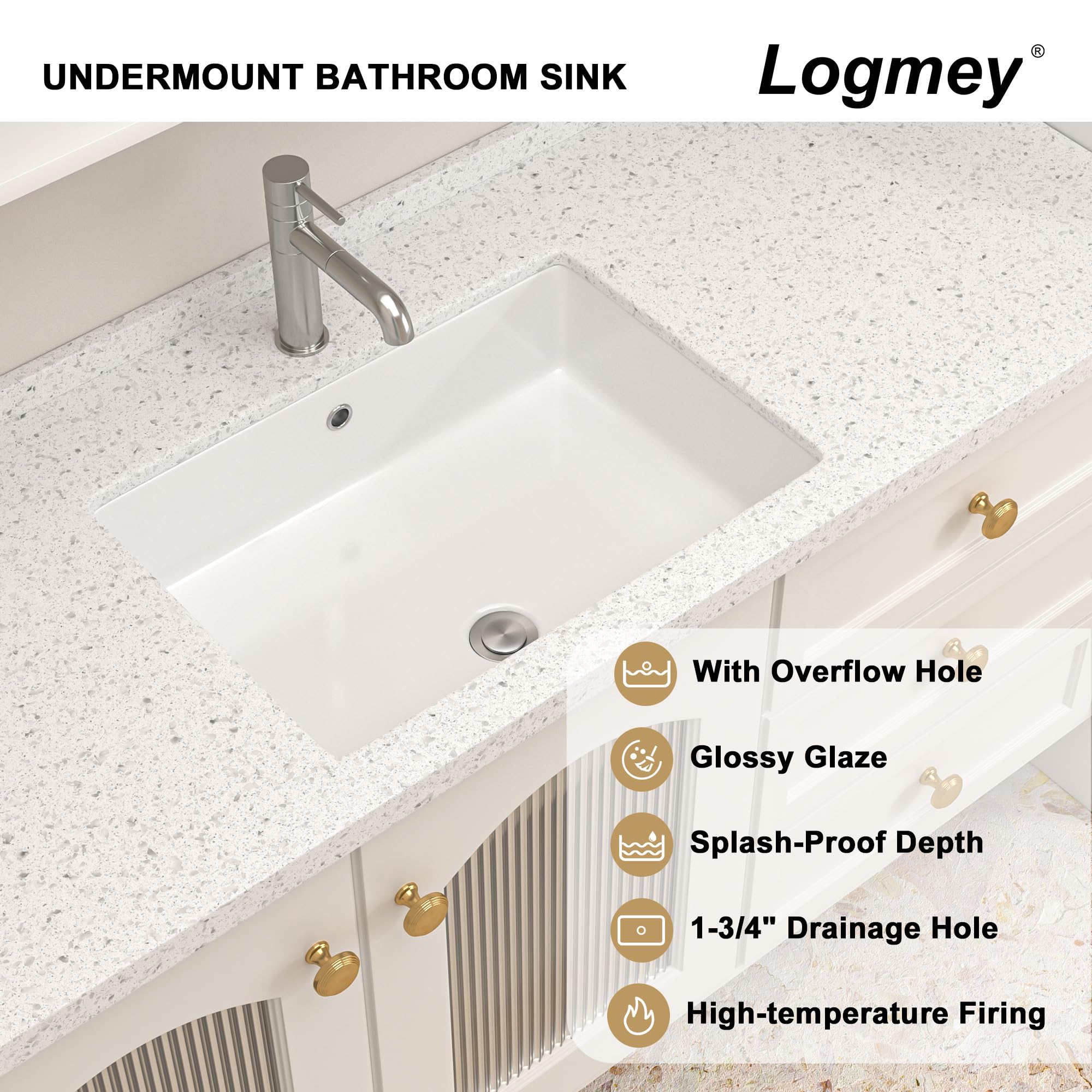 Logmey 20''x14'' Bathroom Sink - Undermount Rectangular Vessel Single Bowl - White Porcelain Ceramic