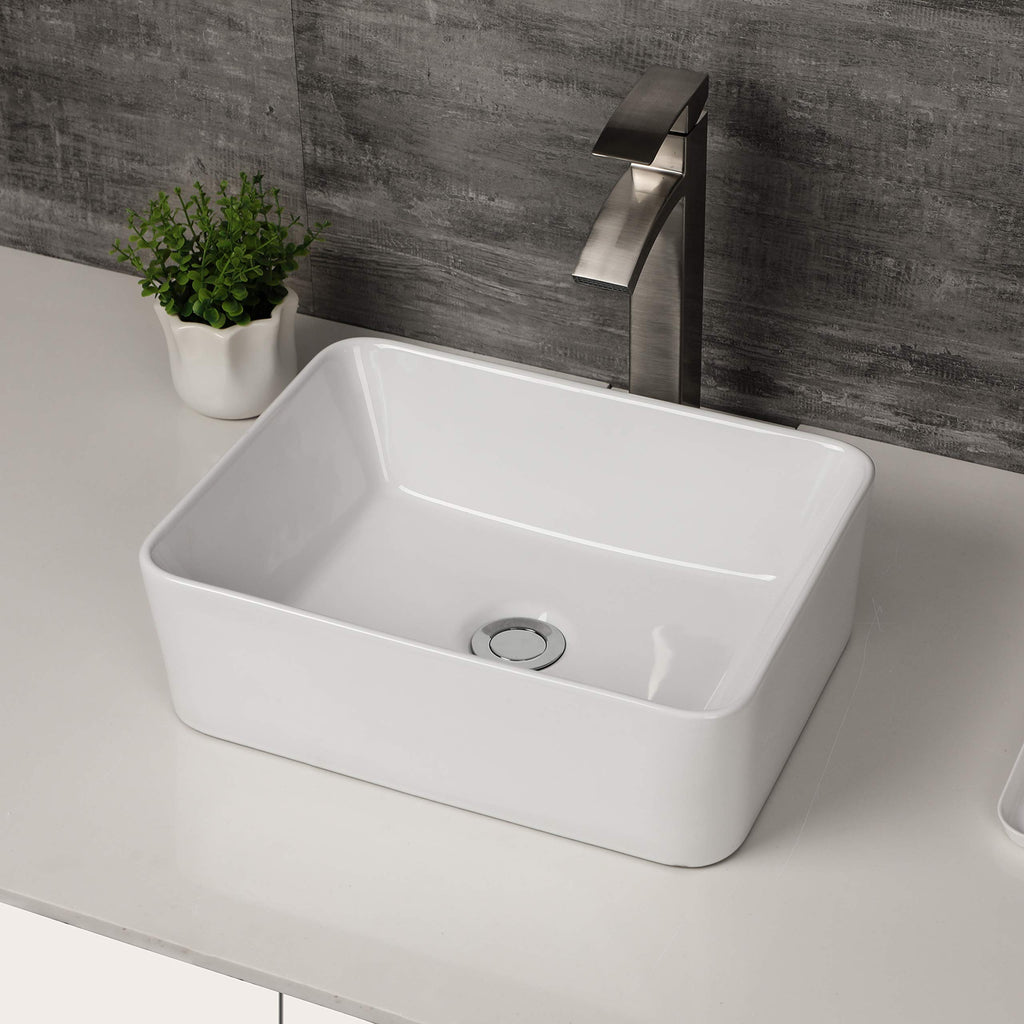 Logmey 16''x12'' Bathroom Sink - Above Counter Rectangular Vessel Single Bowl - White Porcelain Ceramic