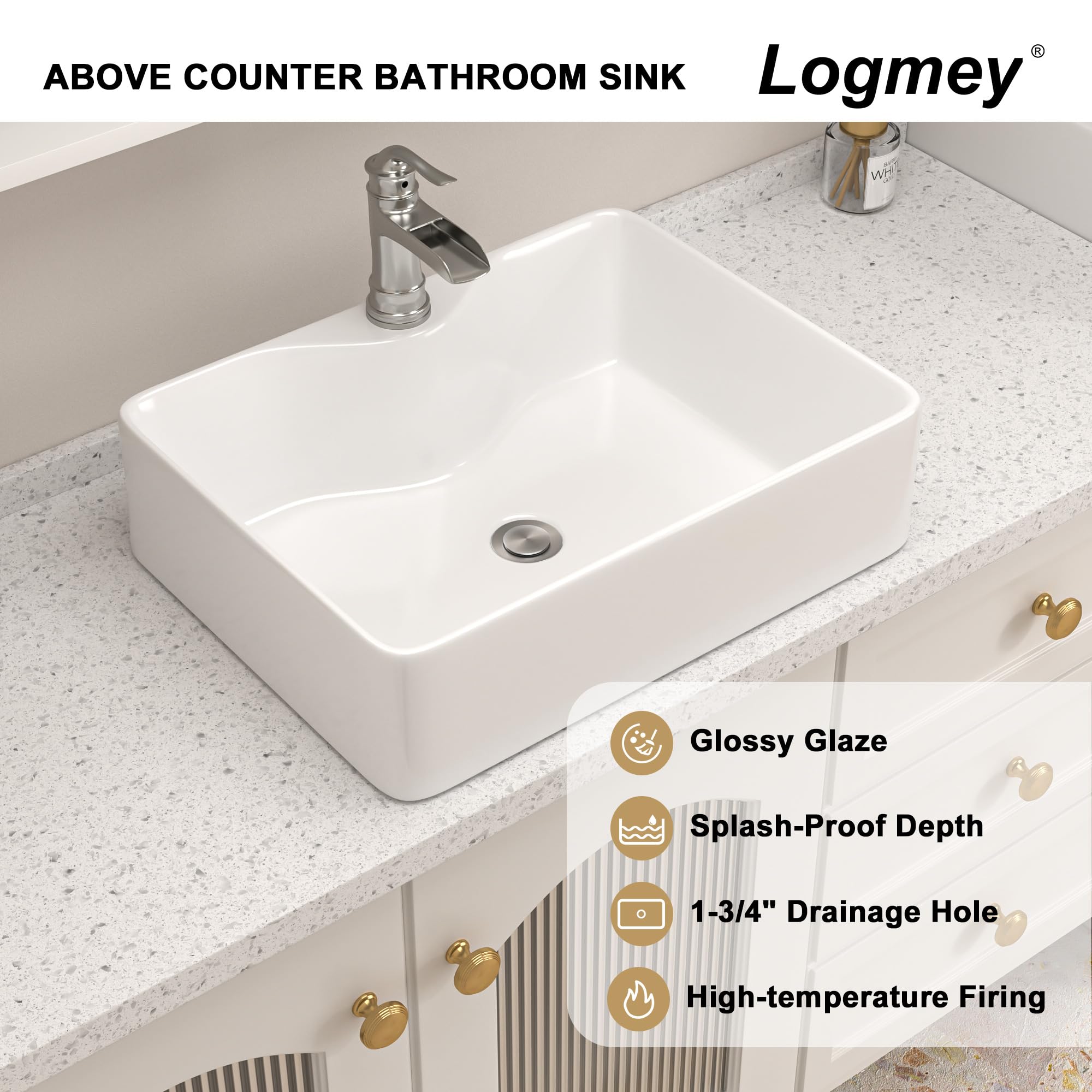 Logmey 19''x15'' Bathroom Sink - Above Counter Vessel Single Bowl - White Porcelain Ceramic
