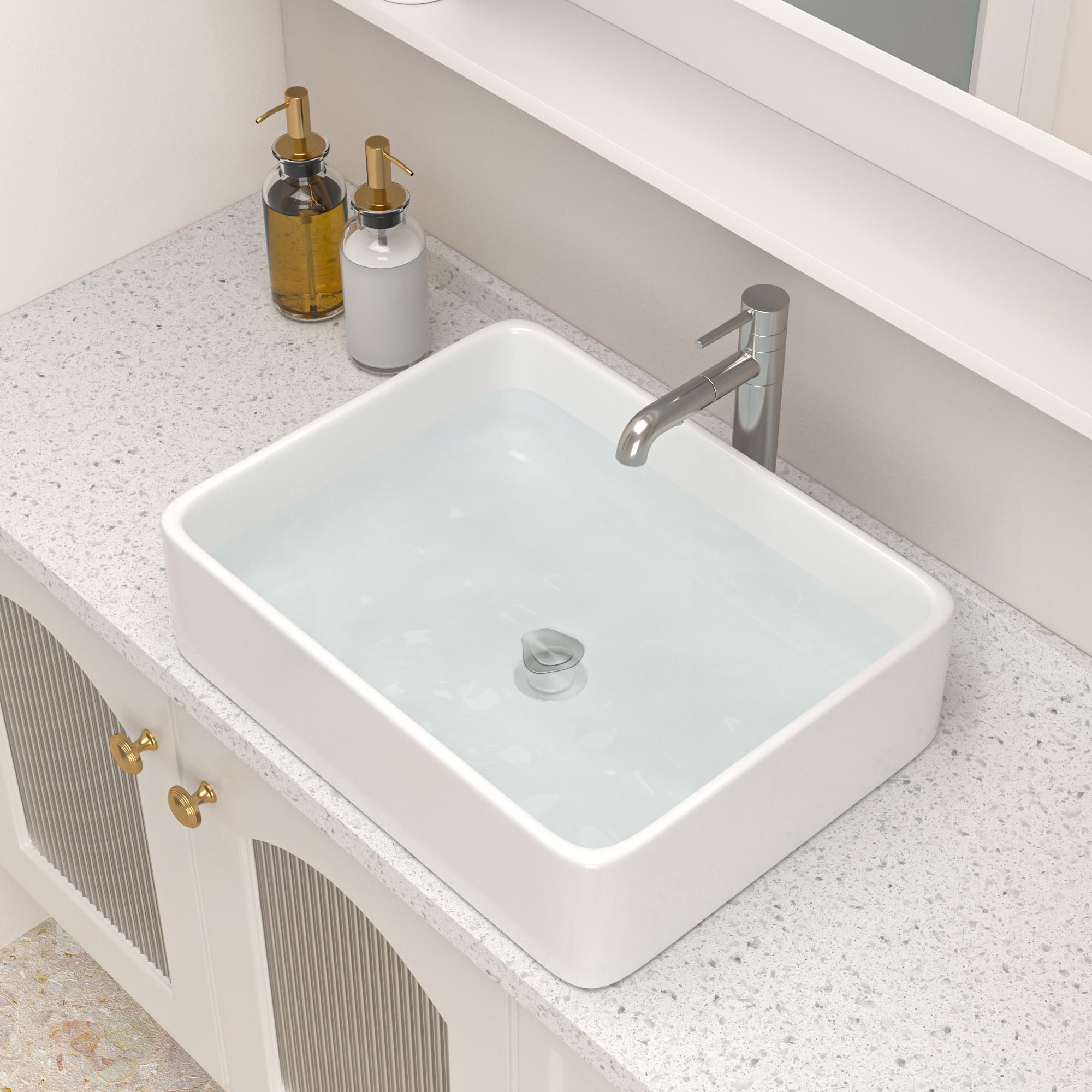 Logmey 19 In Bathroom Vessel Sink Rectangular - 19x15 Inch Rectangle Modern Sink White Porcelain Ceramic Bathroom Sinks Above Counter Lavatory Vanity Sink Art Basin