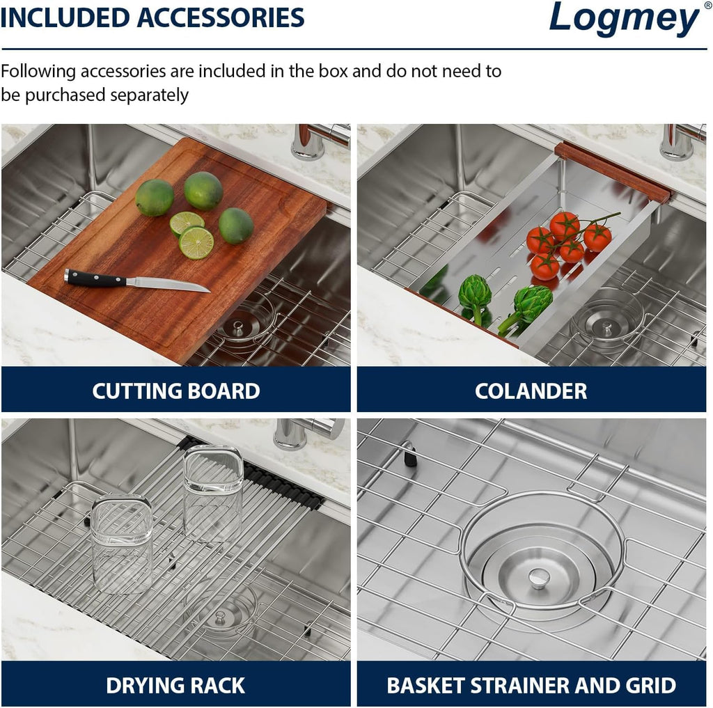 Logmey 30'' Workstation Kitchen Sink - Undermount Single Bowl with Accessories - Silver Stainless Steel