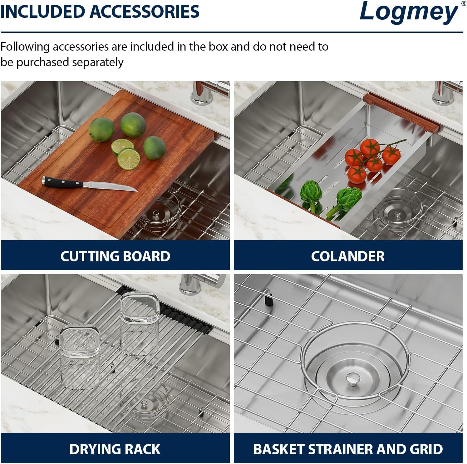 Logmey 30'' Workstation Kitchen Sink - Undermount Single Bowl with Accessories - Silver Stainless Steel