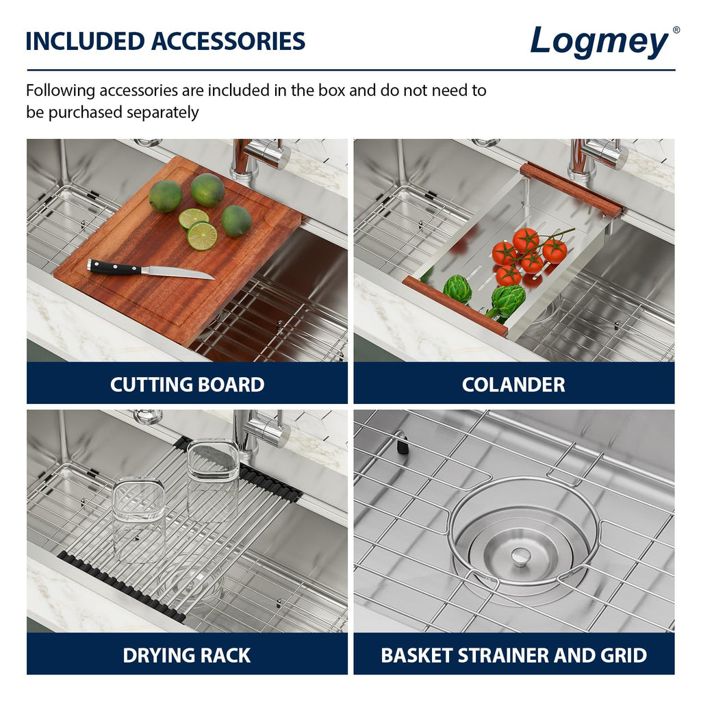 Logmey 33'' Workstation Kitchen Sink - Drop-In Single Bowl - Silver Stainless Steel