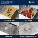 Logmey 33'' Workstation Kitchen Sink - Undermount Single Bowl Two-Tier Ledge - Silver Stainless Steel