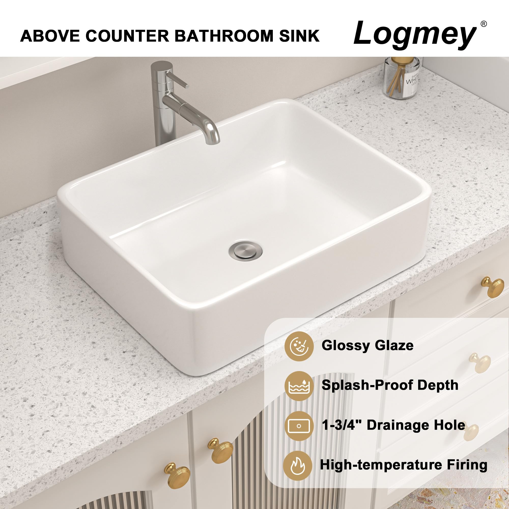 Logmey 19 In Bathroom Vessel Sink Rectangular - 19x15 Inch Rectangle Modern Sink White Porcelain Ceramic Bathroom Sinks Above Counter Lavatory Vanity Sink Art Basin