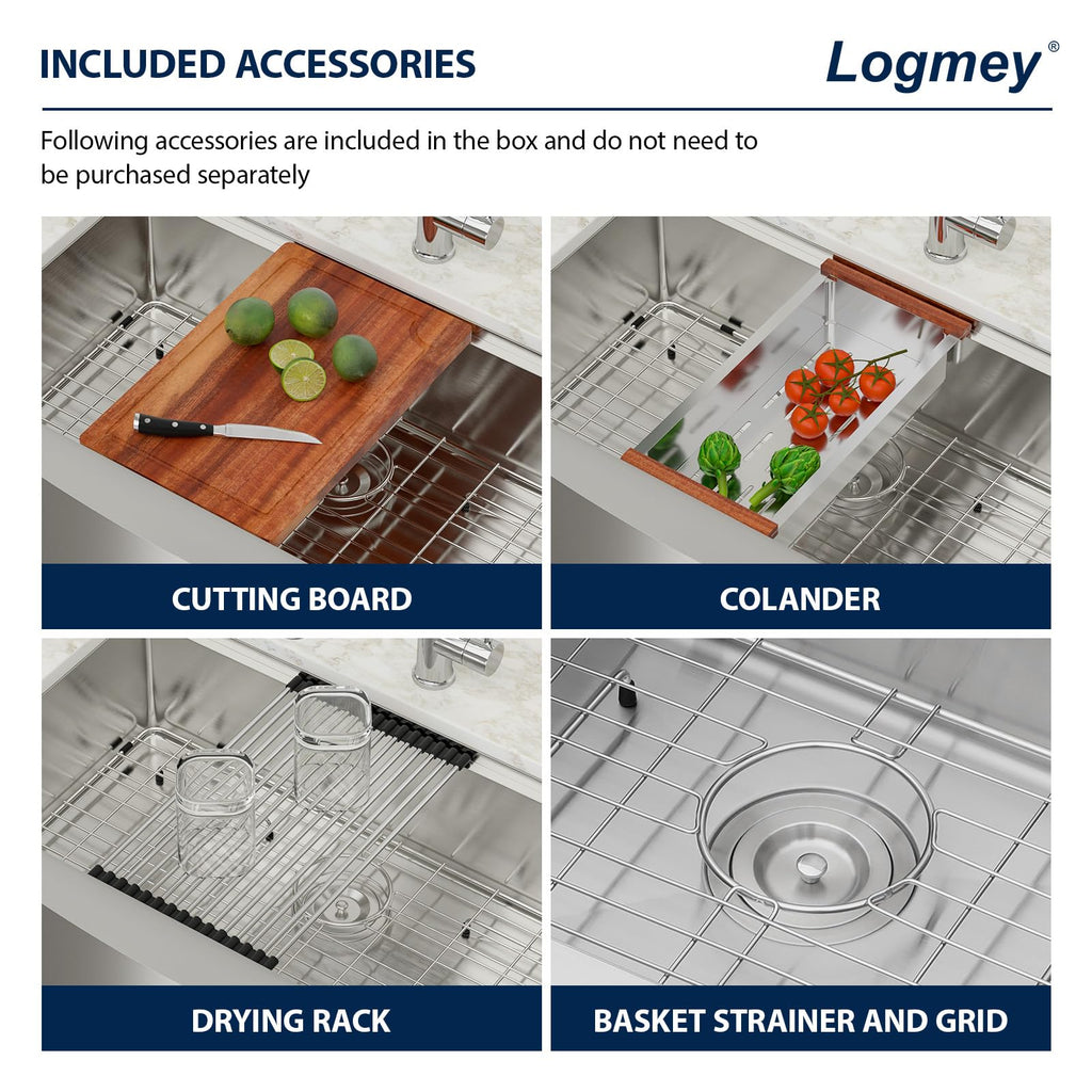 Logmey 30x21 Inch Apron Front Single Bowl Workstation Stainless Steel Farmhouse Sink