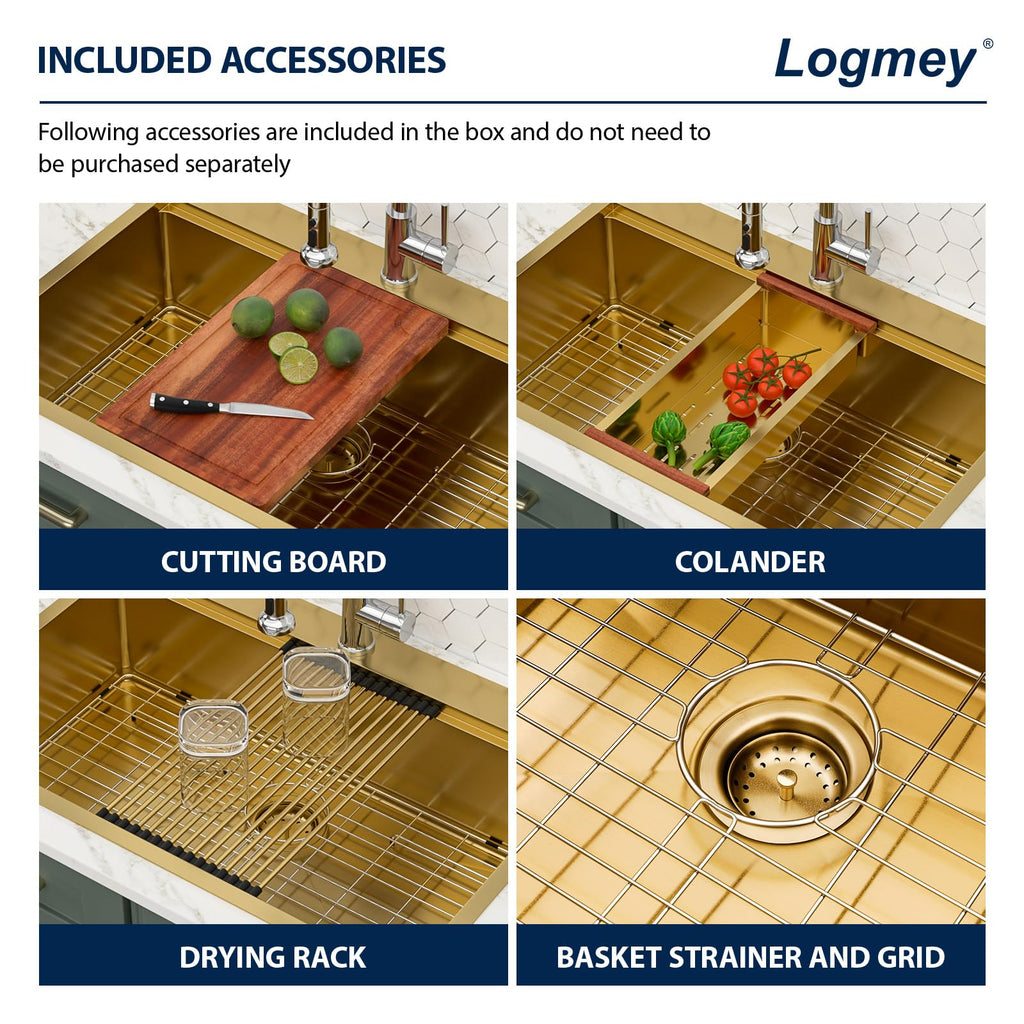Logmey 33'' Kitchen Sink - Drop-In Single Bowl - Gold Stainless Steel