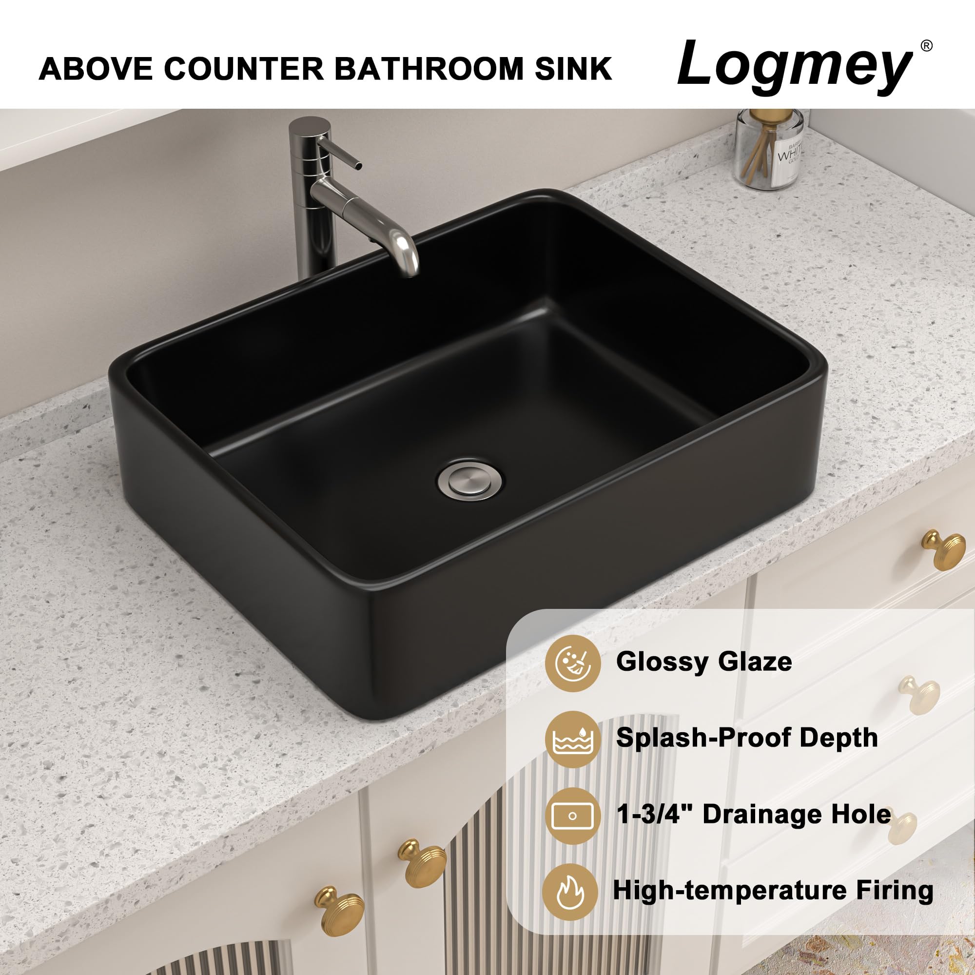 Logmey 19x15 Inch Black Sink Bowl Above Counter Ceramic Porcelain Bathroom Vessel Sink