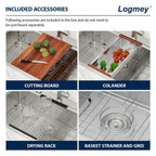 Logmey 33'' All-in-One Workstation Sink - Drop-In Single Bowl Noise Reduction - Silver Stainless Steel