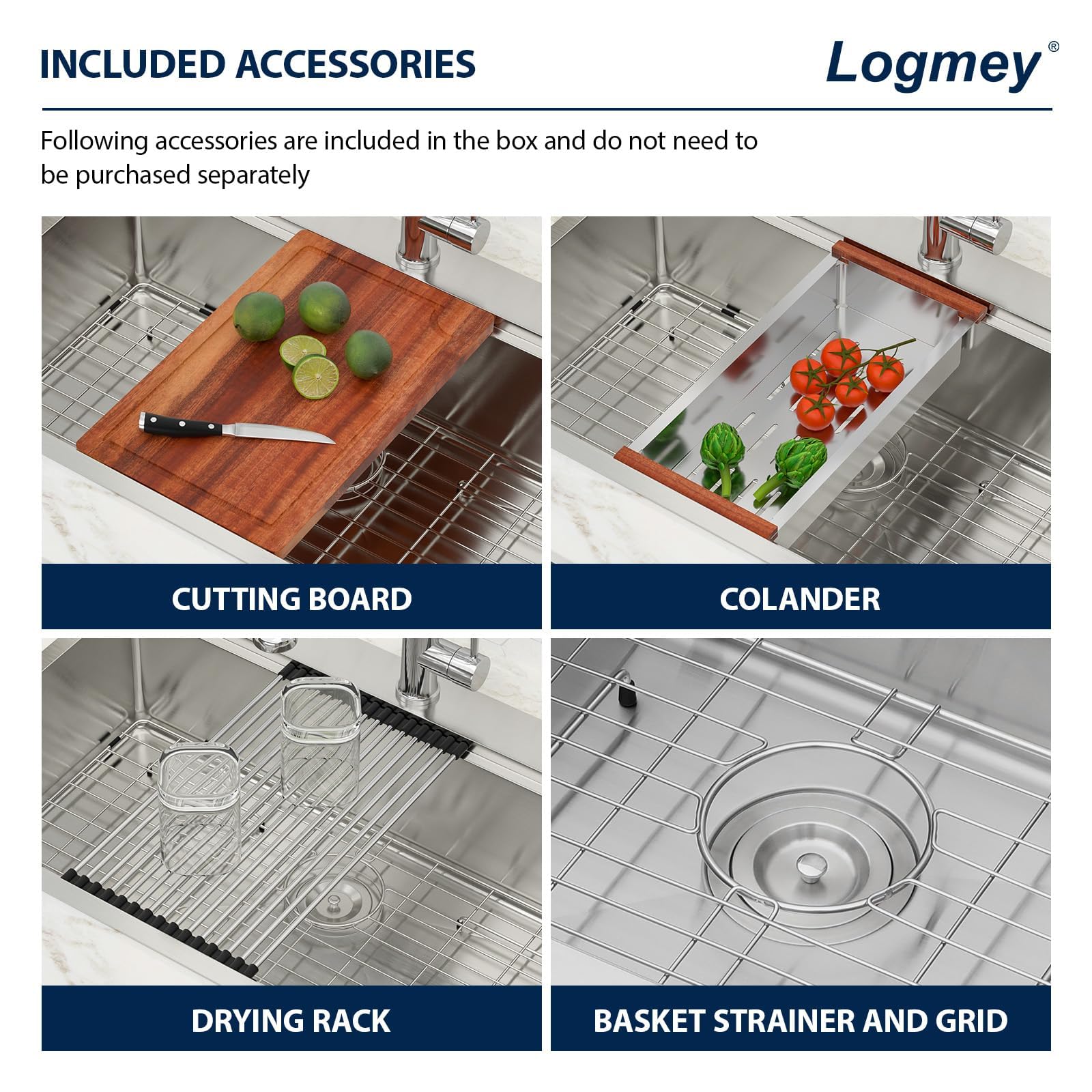 Logmey 33'' All-in-One Workstation Sink - Drop-In Single Bowl Noise Reduction - Silver Stainless Steel