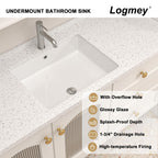 Logmey 20''x16'' Bathroom Sink - Undermount Rectangular Vessel Single Bowl - White Porcelain Ceramic