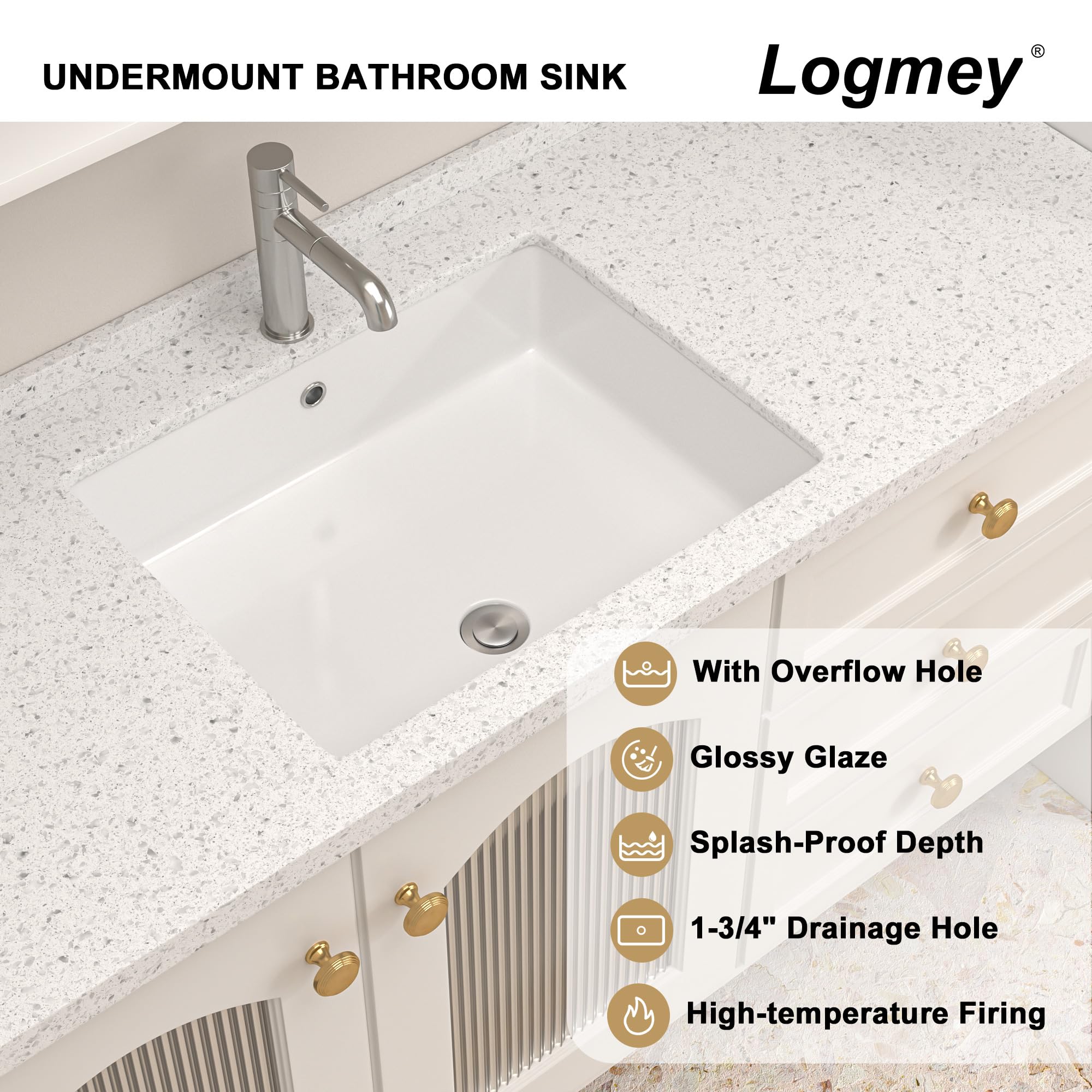 Logmey 20''x16'' Bathroom Sink - Undermount Rectangular Vessel Single Bowl - White Porcelain Ceramic
