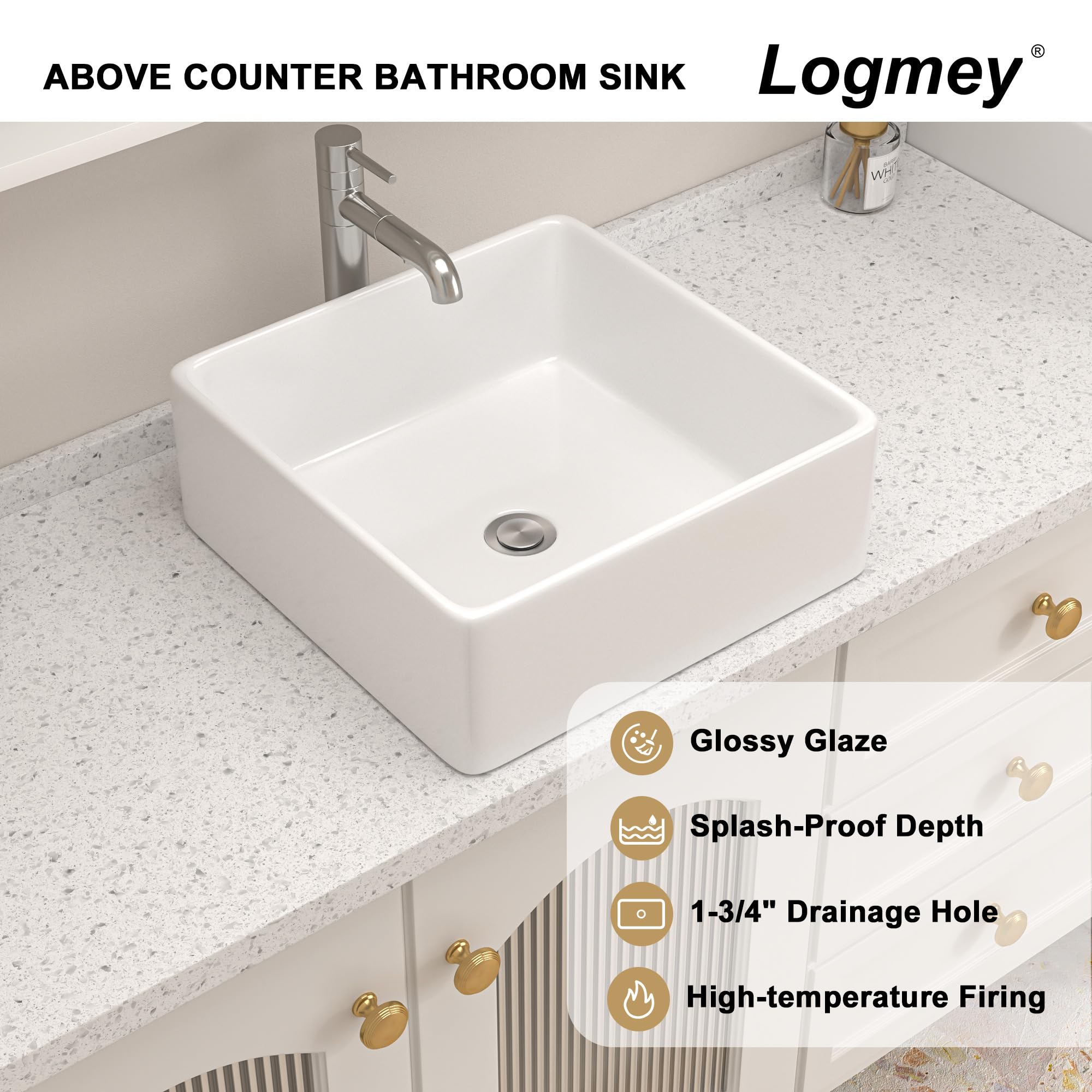 Logmey 15x15 Inch Square Above Counter White Porcelain Ceramic Bathroom Vessel Sink