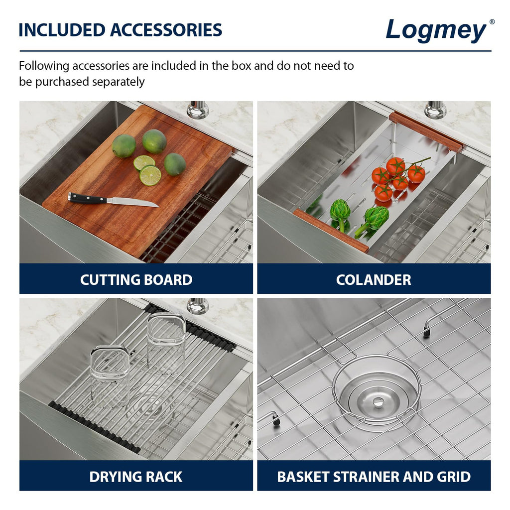 Logmey 33x21 inch Double Bowl Workstation Low Divide Apron Front Stainless Steel Farmhouse Sink