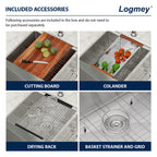 Logmey 33x21 inch Double Bowl Workstation Low Divide Apron Front Stainless Steel Farmhouse Sink