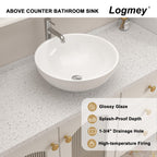 Logmey 16''x16'' Bathroom Sink - Round Above Counter Vessel Single Bowl - White Porcelain Ceramic