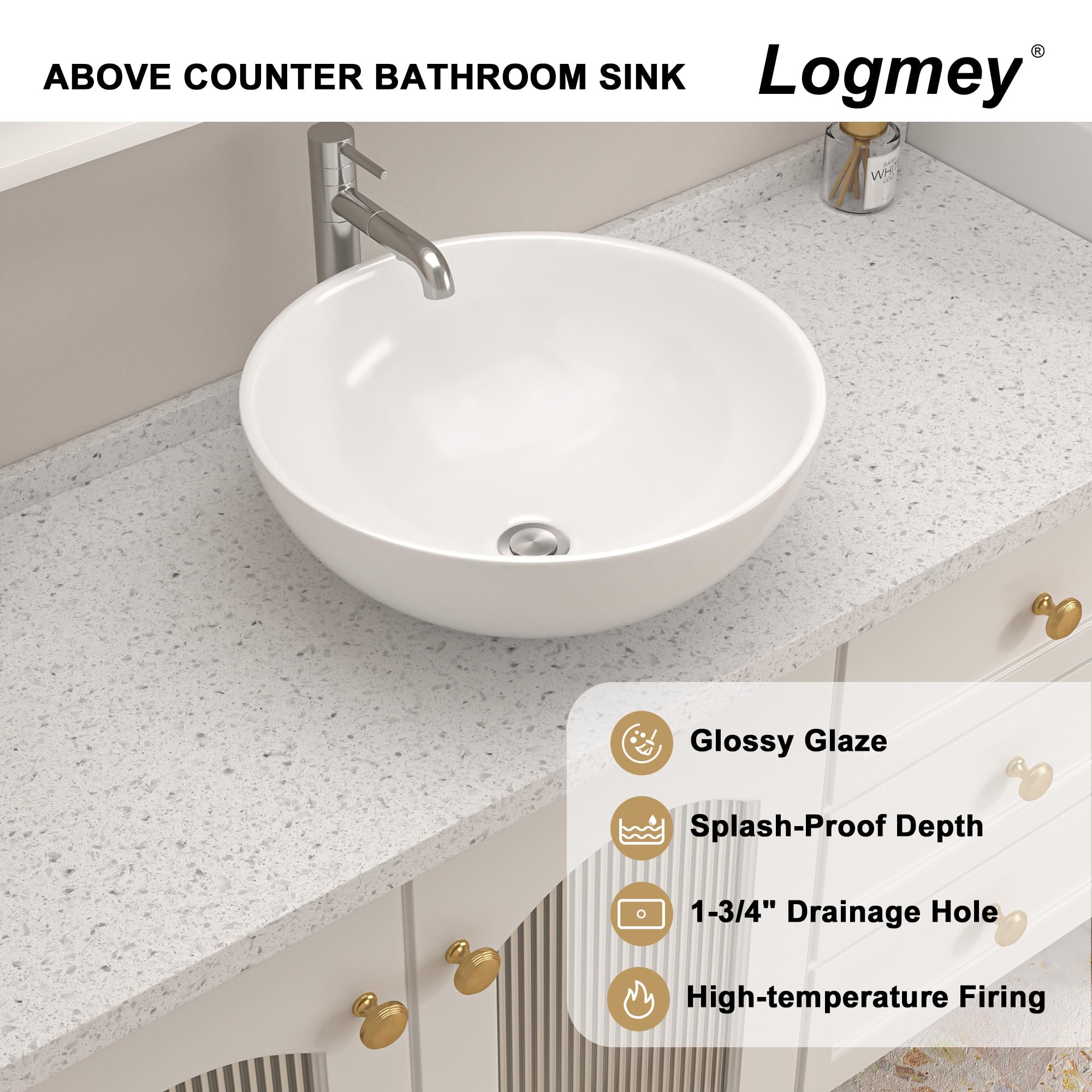 Logmey 16x16 Inch Modern White Round Above Counter Porcelain Ceramic Bathroom Vessel Sink