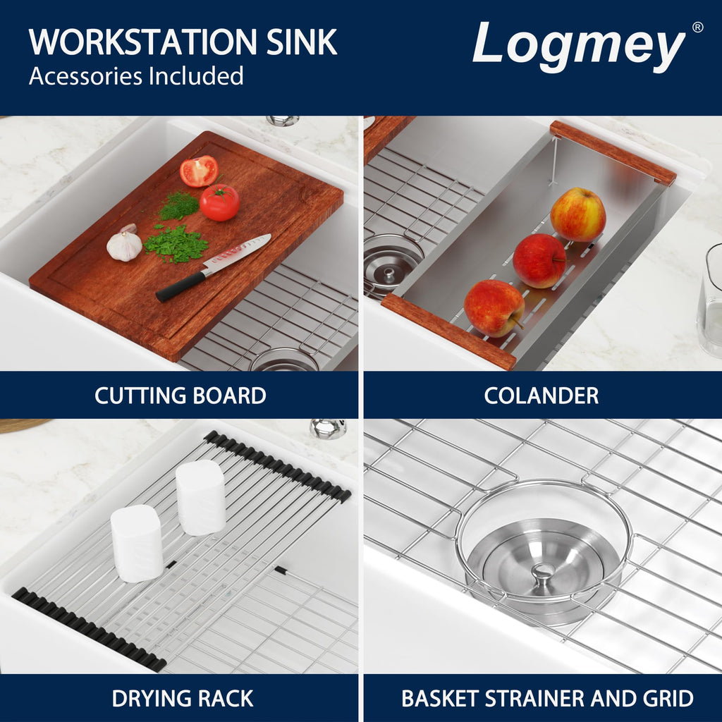 Logmey 33 Inch White Workstation Single Bowl Apron Front Fireclay Ceramic Farmhouse Sink
