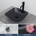 Logmey 16'' Bathroom Vessel Sink - Square Countertop Single Bowl with Drain & Vanity Top - Gray Tempered Glass