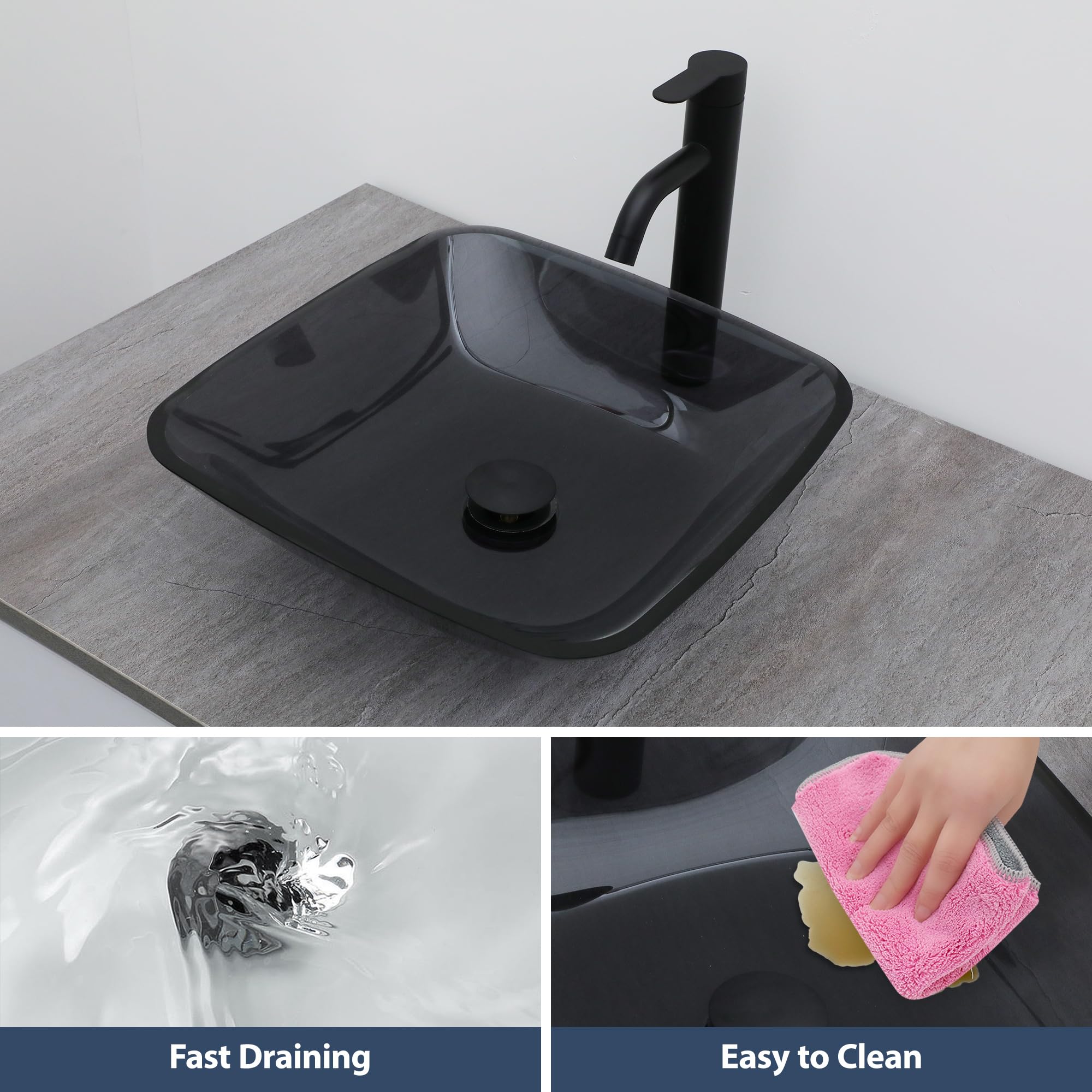 Logmey 16'' Bathroom Vessel Sink - Square Countertop Single Bowl with Drain & Vanity Top - Gray Tempered Glass