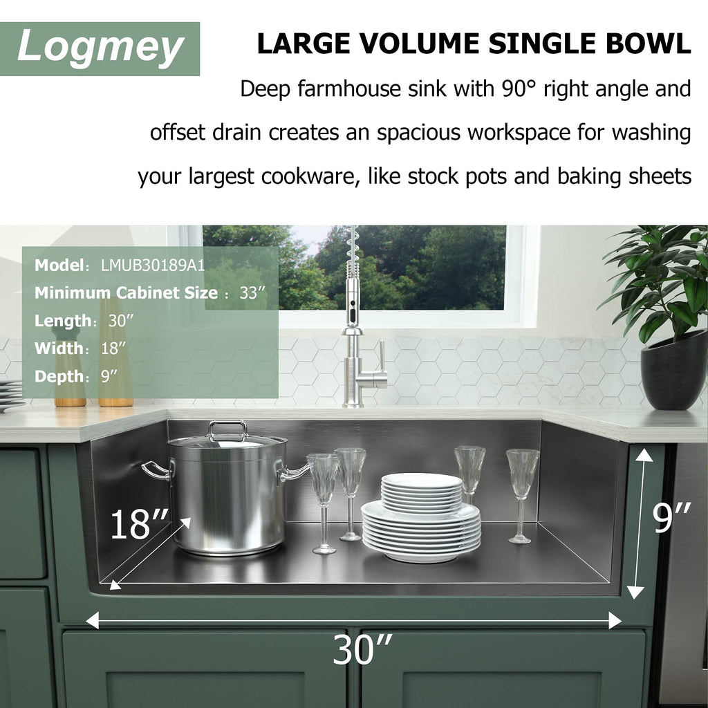 Logmey 30'' Kitchen Sink - Undermount Single Bowl - Gunmetal Black Stainless Steel