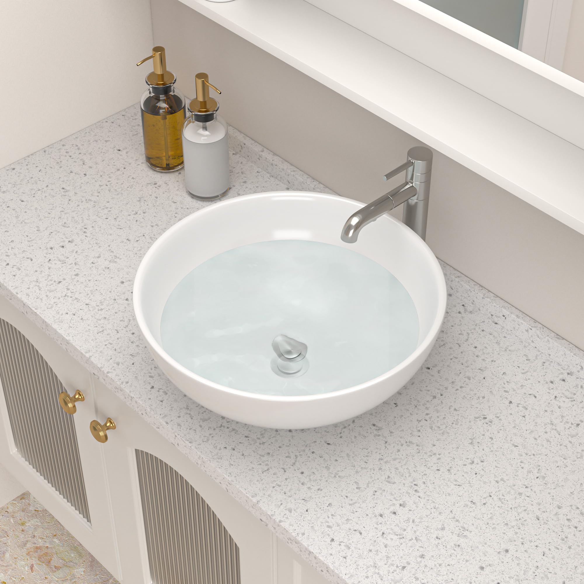 Logmey 16x16 Inch Modern White Round Above Counter Porcelain Ceramic Bathroom Vessel Sink