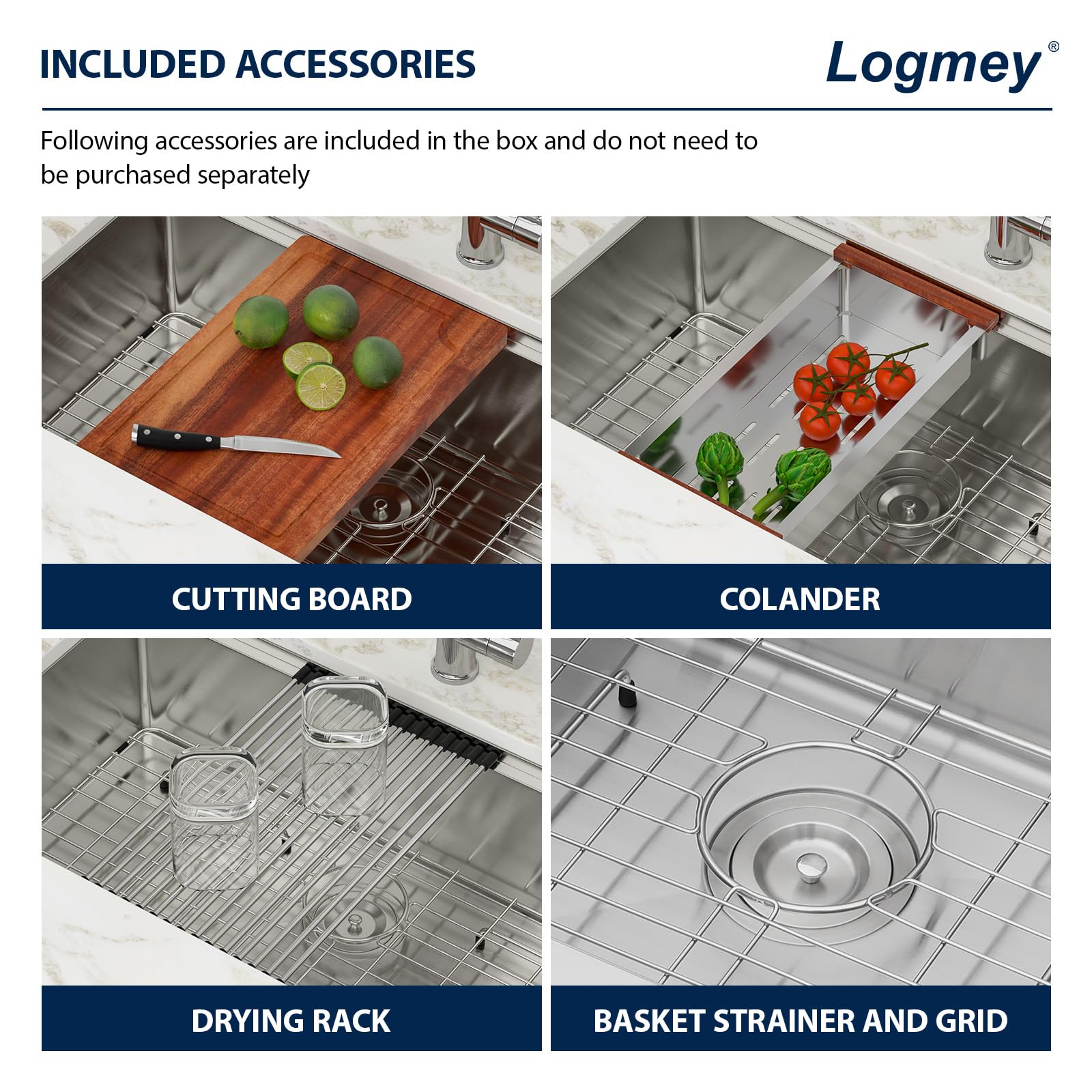 Logmey 33x19 Inch Undermount Workstation Single Bowl Stainless Steel Kitchen Sink