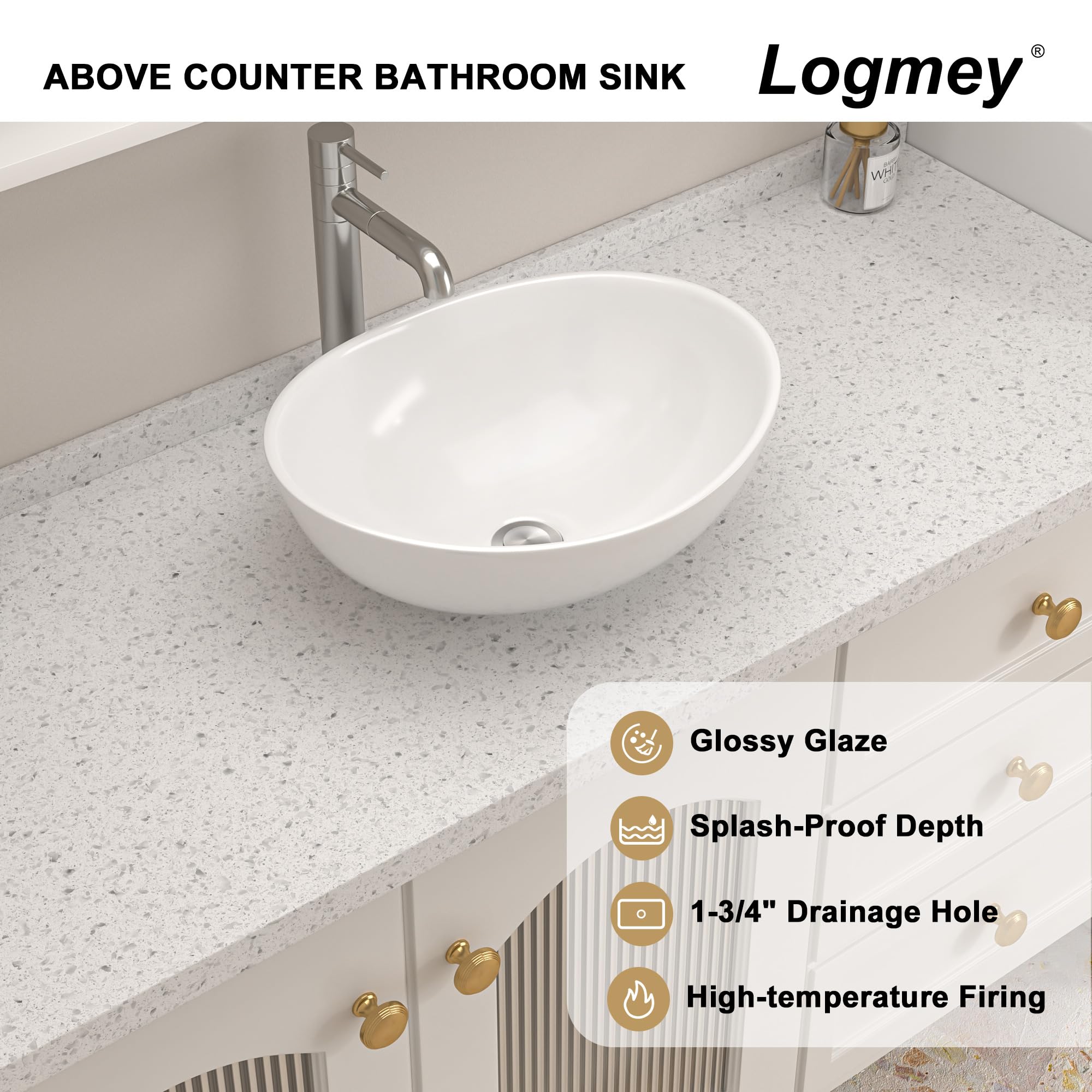 Logmey 16x13 inch Modern Above Counter White Porcelain Ceramic Bathroom Vessel Sink
